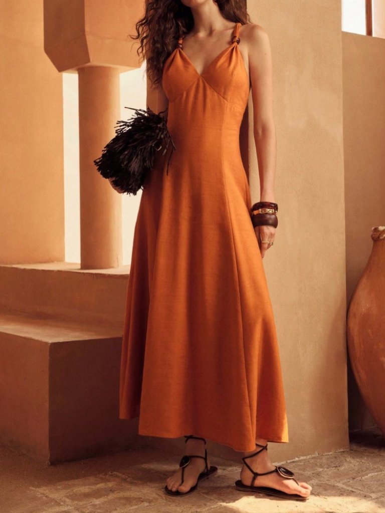 Rust Orange Linen-Blend Midi Dress With Wooden Ring Straps